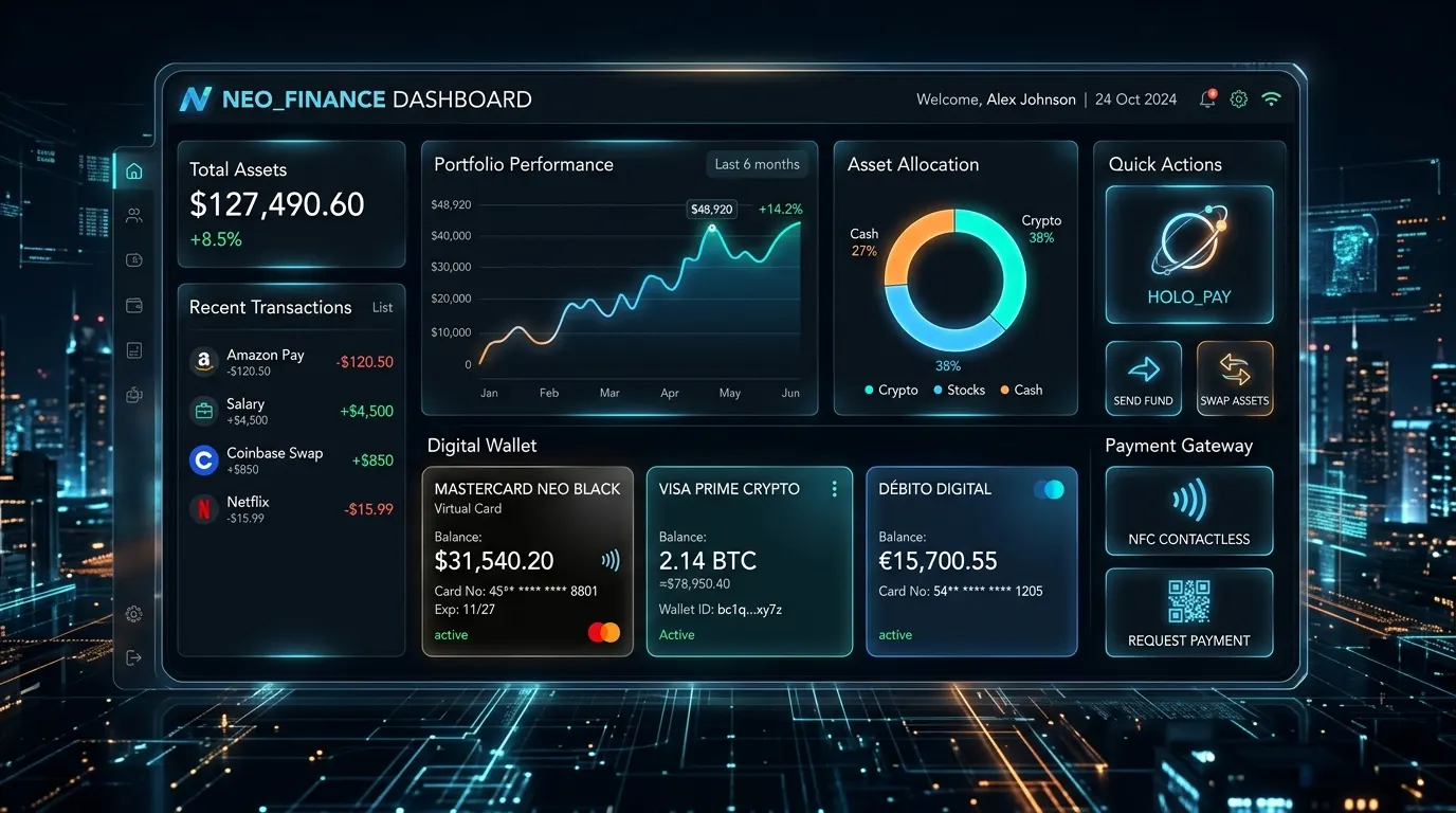 Digital finance dashboard with portfolio performance, asset allocation, virtual cards and payment actions