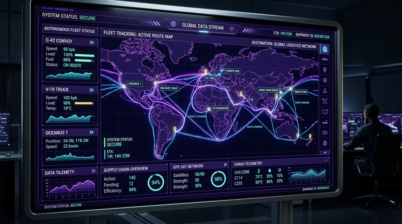 Logistics control screen showing live fleet routes, cargo telemetry and supply chain status