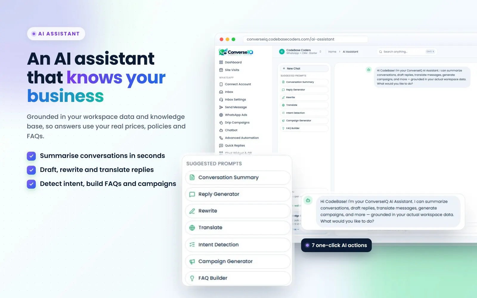 ConverseIQ AI assistant with suggested prompts: conversation summary, reply generator, rewrite, translate, intent detection, campaign generator and FAQ builder