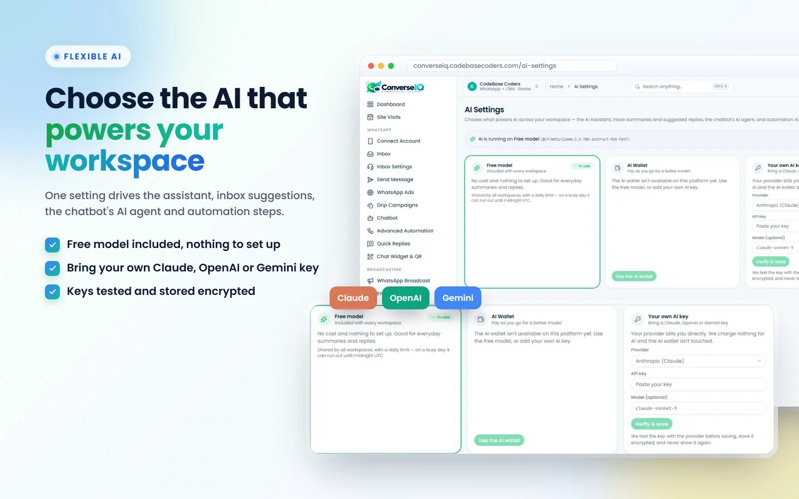 ConverseIQ AI settings: free model, AI wallet or your own Claude, OpenAI or Gemini API key