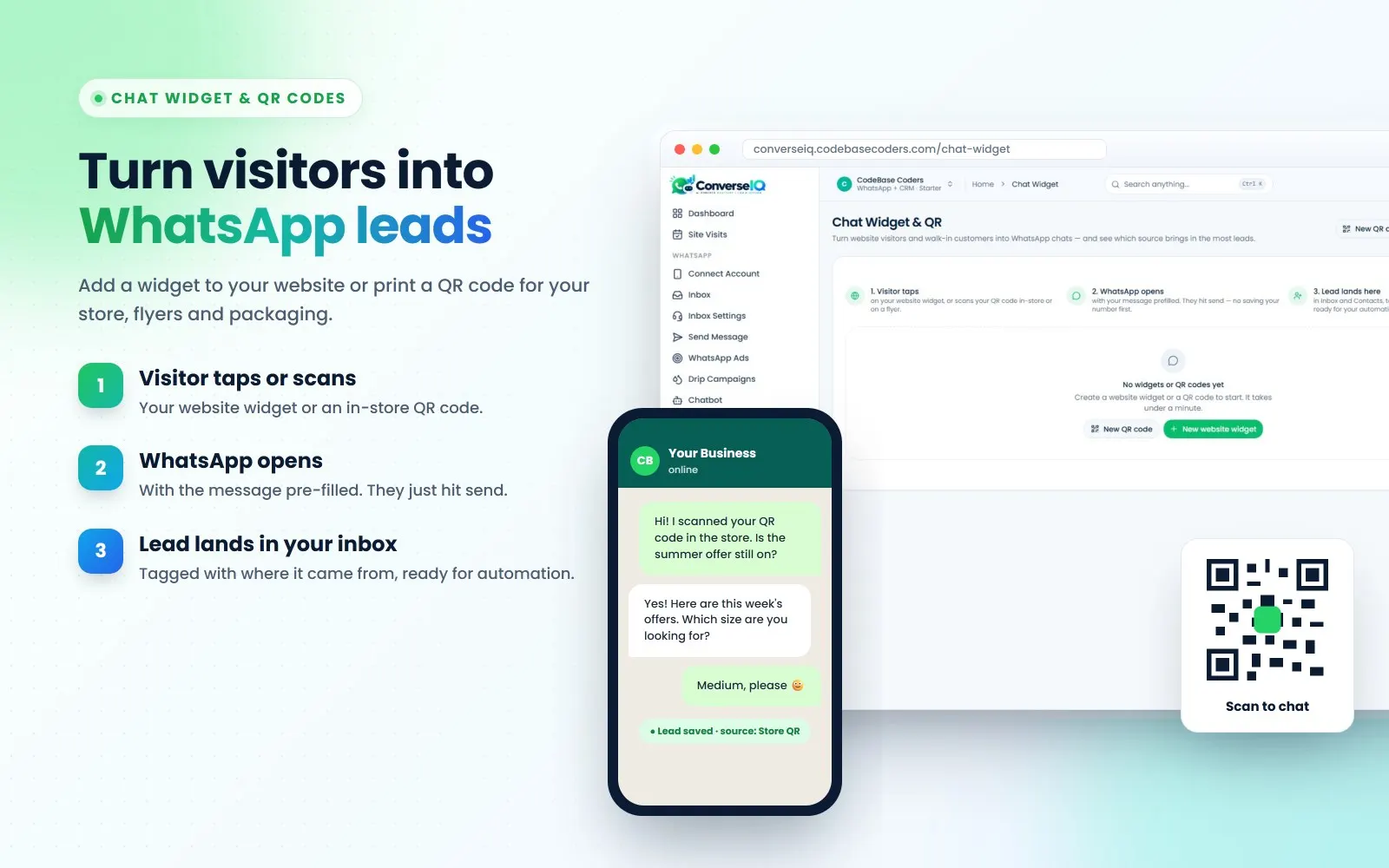 ConverseIQ chat widget and QR code setup: visitor taps, WhatsApp opens, lead lands in the inbox