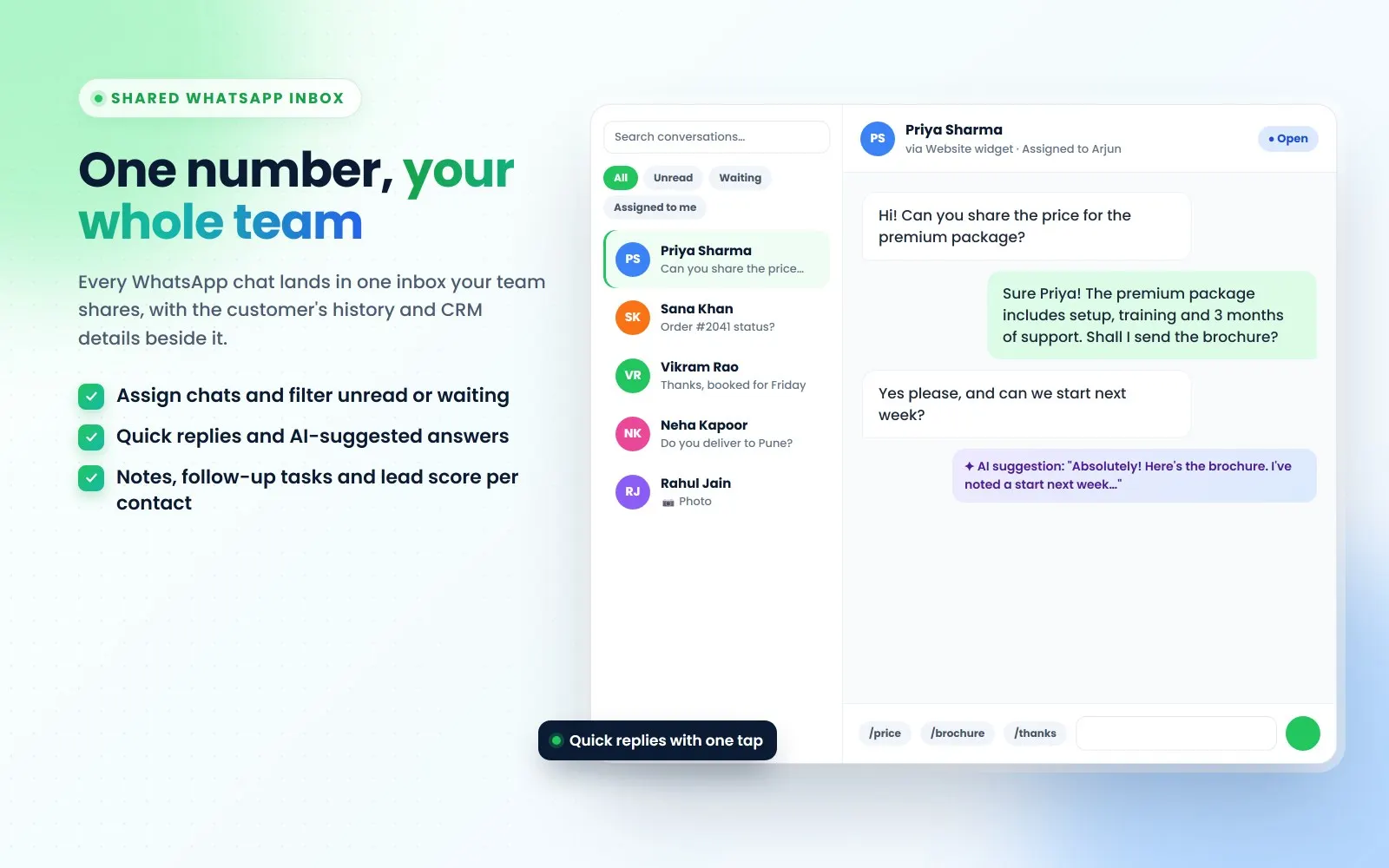 ConverseIQ shared WhatsApp inbox with conversation list, chat and AI reply suggestion (illustration with sample data)